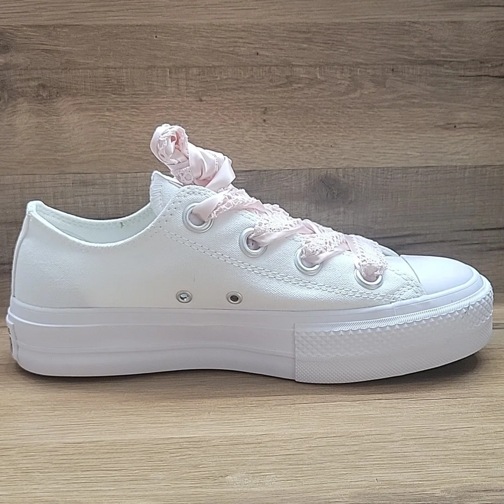 Converse Kids White Sneakers with Pink Laces